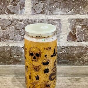 Halloween Acrylic Glitter Tumbler w/ Straw | 16oz Gothic Cup | Skulls & Pumpkins